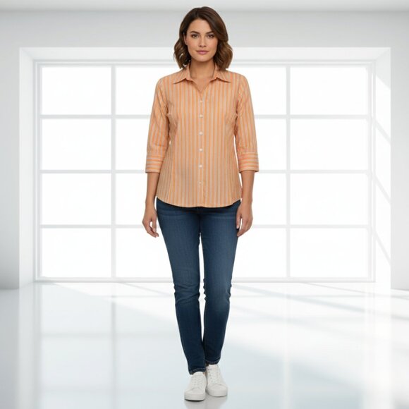 Liz Claiborne Non-Iron Women's Striped Button Down Collared Cotton Blouse - Picture 1 of 11